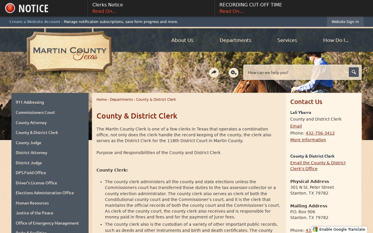 Martin County County and District Clerk official records page