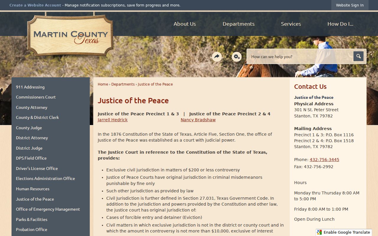 Martin County Justice of the Peace page showing precinct and court information