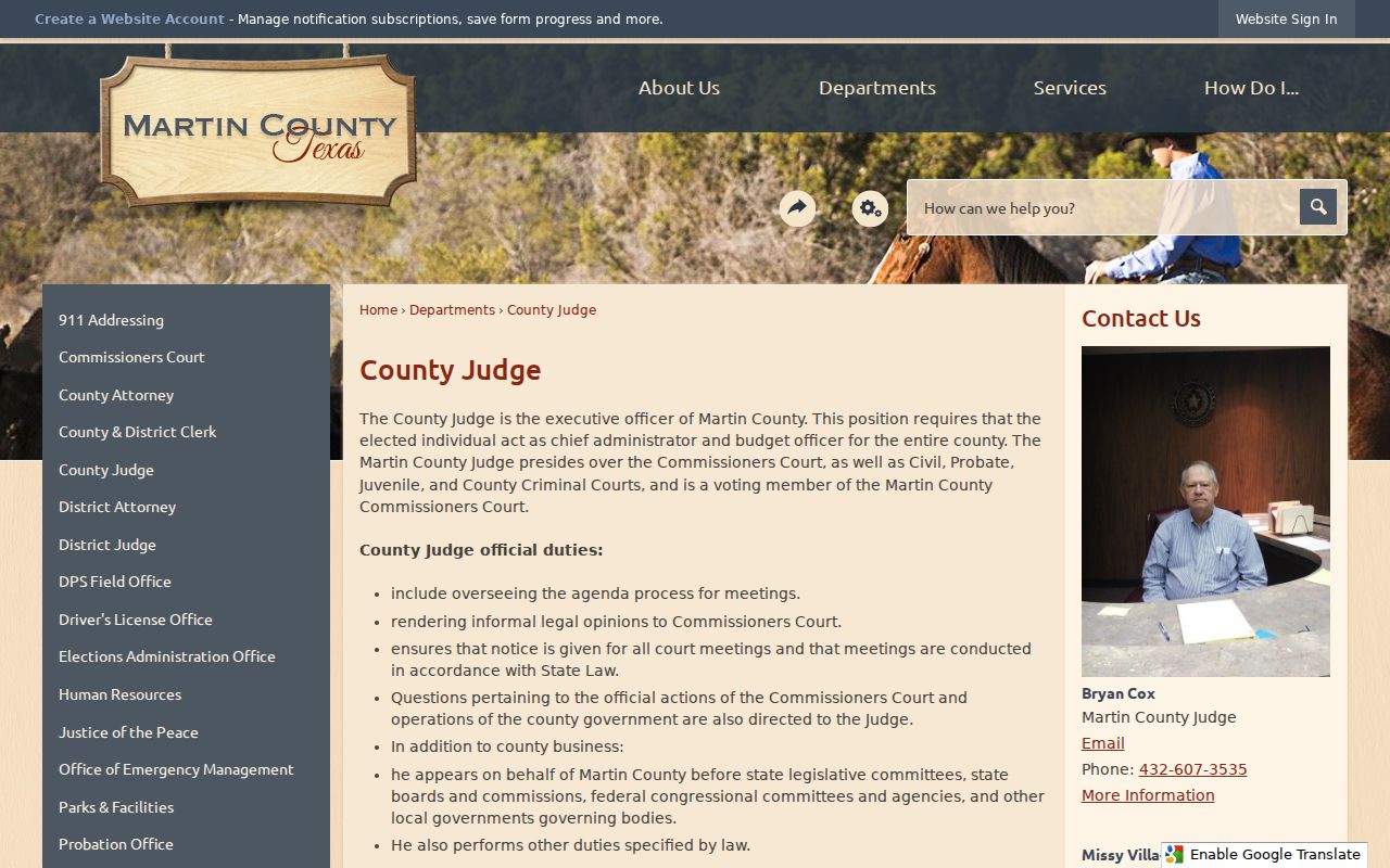 Martin County Judge official page describing county-court responsibilities
