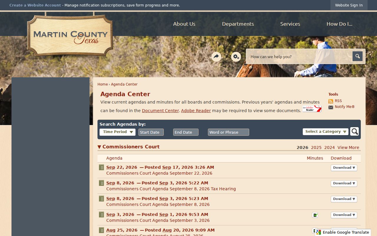 Martin County official agenda center used to review current meeting notices