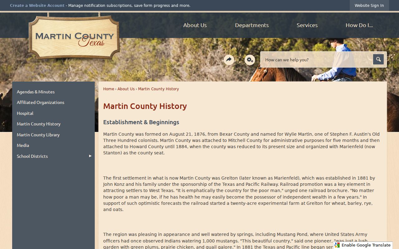 Martin County official history describing Stanton as the county seat