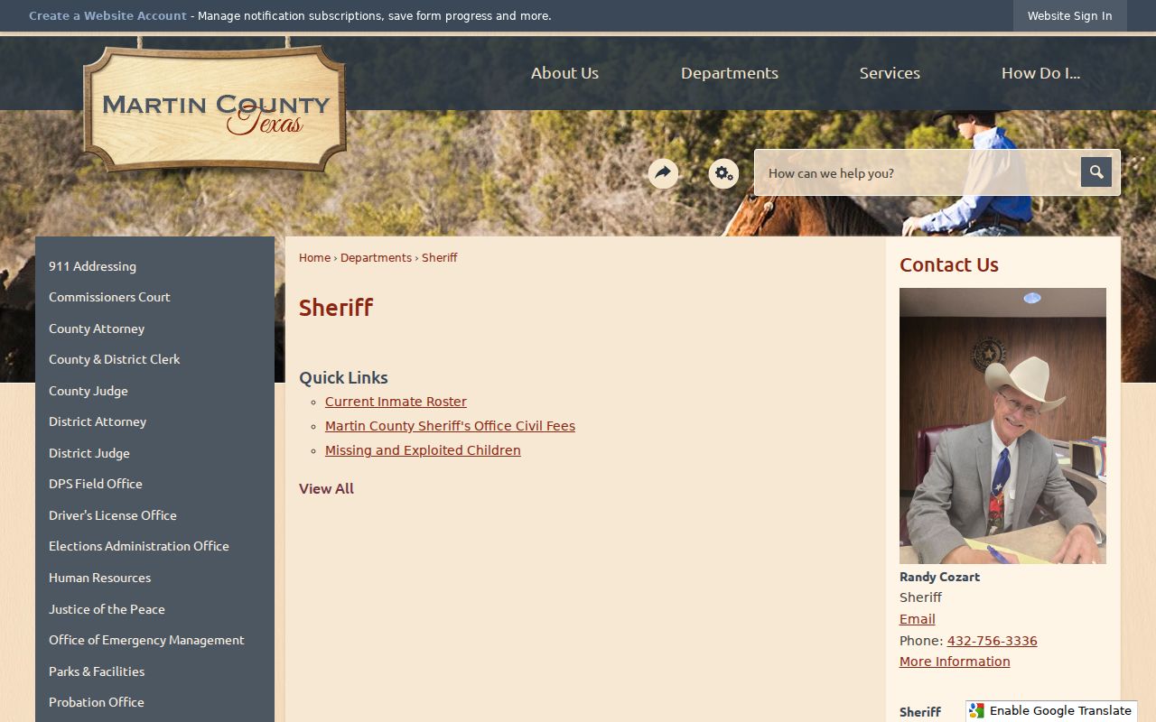 Martin County Sheriff official page with general contact and inmate roster links